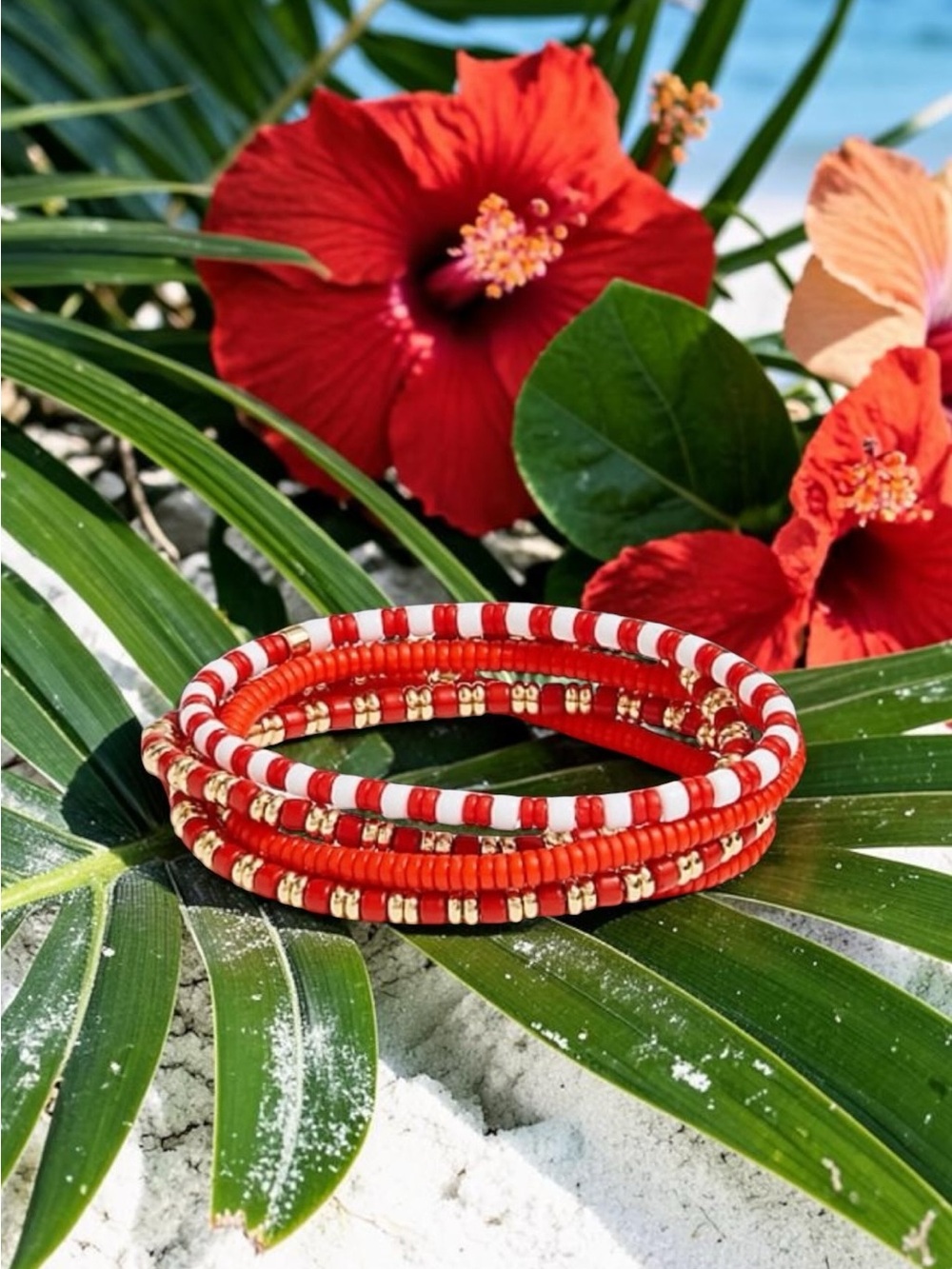 J. Crew Red White and Gold Beaded Bracelet Set of five
